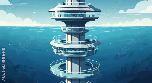 Futuristic underwater observatory tower with people viewing marine life.