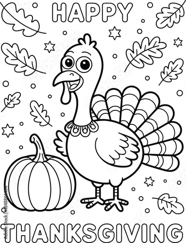 Happy Thanksgiving coloring page with turkey and pumpkin outline Keywords: thanksgiving, turkey, pumpkin, autumn, fall, leaves