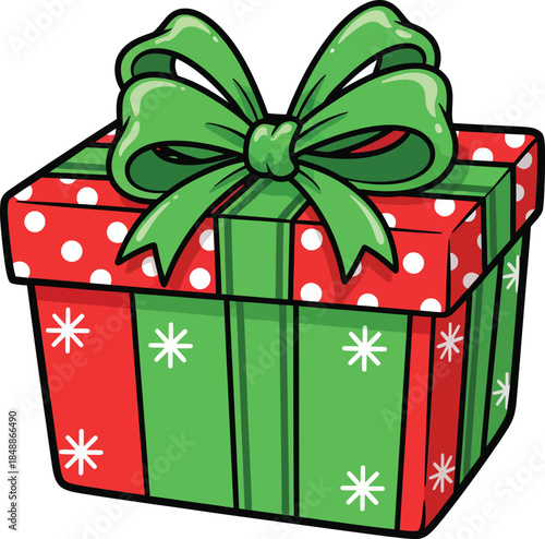 Cartoon Christmas Gift Box Illustration – Red and Green Wrapping with Polka Dots, Snowflakes, and Decorative Bow for Holiday Design Assets