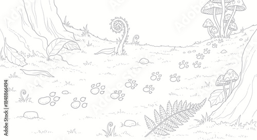 Animal paw prints winding through a whimsical forest path illustration.