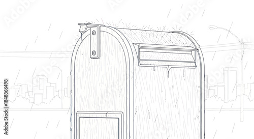 Mailbox on a rainy city street line art illustration