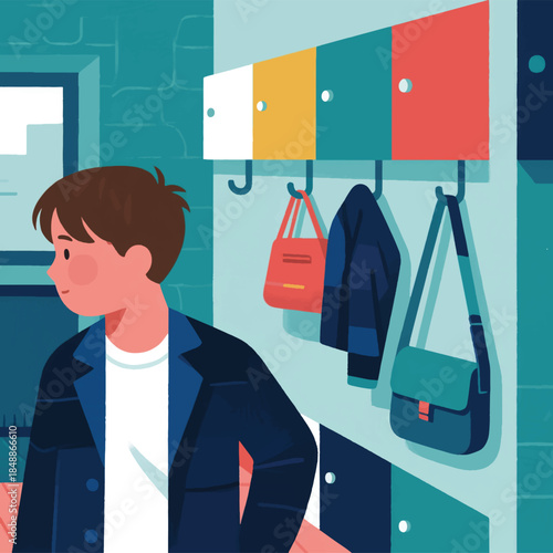 Illustration Of Children Hanging Jackets And Bags, In The Storage Area Vector Design Template
