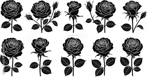 Black rose flower silhouette collection with detailed petals and leaves isolated on white background, romantic floral vector illustration set