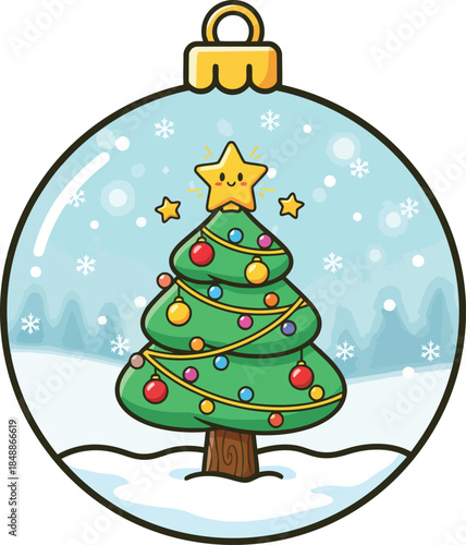 Cartoon Christmas Ornament with Decorated Tree – Smiling Star Topper, Snowflakes, and Festive Scene for Holiday Design Assets