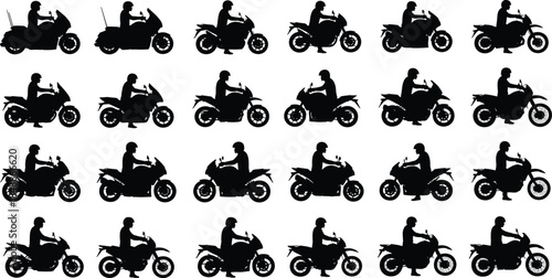 Motorcycle rider silhouette icon set, multiple motorbike styles, black vector collection for transportation, racing, delivery, adventure, and urban design, graphics