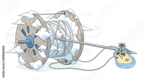 Cloud computing threads connecting a remote island, global network concept.