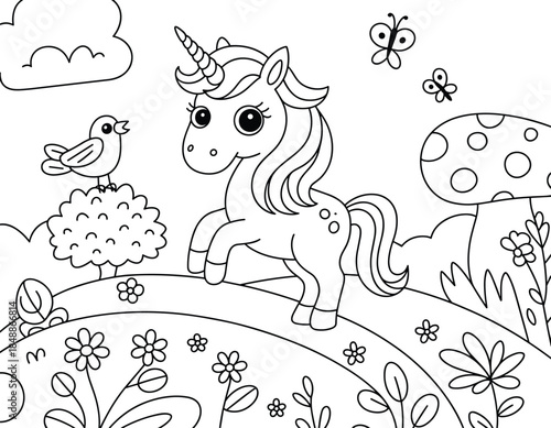Outline drawing of a cute unicorn with butterflies, bird, mushrooms, and flowers coloring book