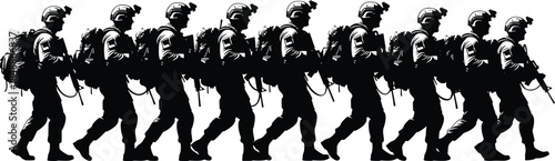 soldiers, military, army, silhouette, rifle, combat, patrol, war, defense, helmet, teamwork, formation, discipline, battlefield, tactical