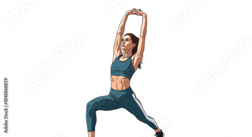 Fit woman stretching in a yoga pose with arms overhead on a white background.