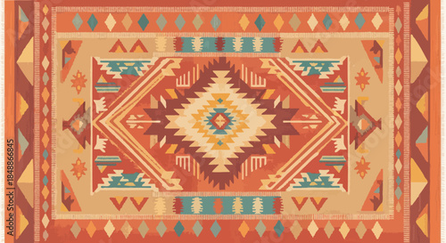 Vibrant geometric pattern rug with Southwestern tribal design.