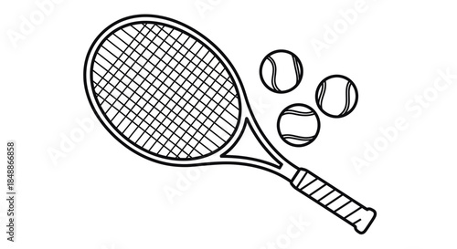 Tennis Racket and Balls Outline Illustration
