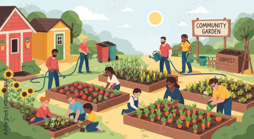 Diverse group of people working together in a vibrant community garden.