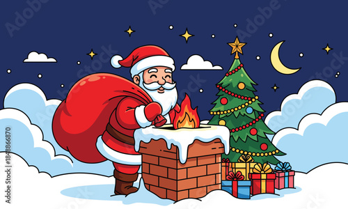 Cartoon Santa Claus on Snowy Rooftop Illustration – Chimney, Gift Sack, Christmas Tree, and Night Sky for Holiday Design Assets