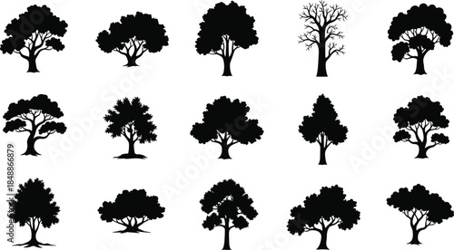 Black tree silhouette collection set isolated on white background, various deciduous shapes for nature design, illustration, forestry concepts vector bundle