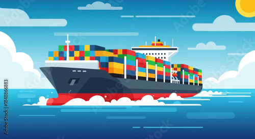 Global logistics: Container ship sailing on the blue ocean.