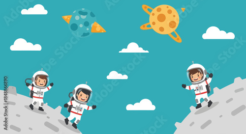 Playful child astronauts exploring an alien planet surface