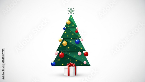 Christmas Tree Decorated with Colorful Ornaments and Red Gift Box Isolated on White Background Flat Design Vector Illustration