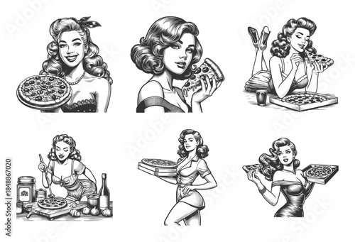 women enjoying, cooking, serving, and eating pizza Set collection bundle sketch engraving generative ai vector illustration. Scratch board imitation. Black and white image.