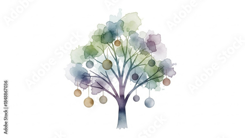 Watercolor Tree Illustration with Muted Spheres Isolated on White Background