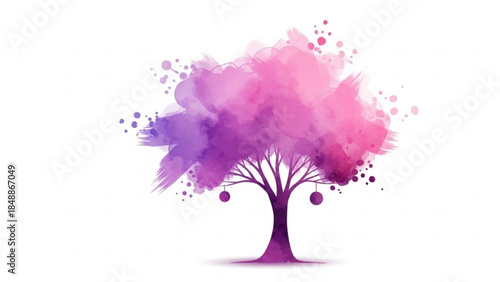 Watercolor Tree with Vibrant Pink Purple Splashes Abstract Illustration Isolated on White