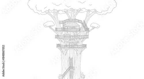 A detailed line drawing of a whimsical multi-level treehouse built into a large tree.