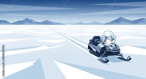 Snowmobile riding across a pristine winter landscape.