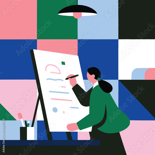 Illustration Of A Teacher Writing On A Blackboard, The Back Wall Is Decorated With Geometric Panels Vector Design Template