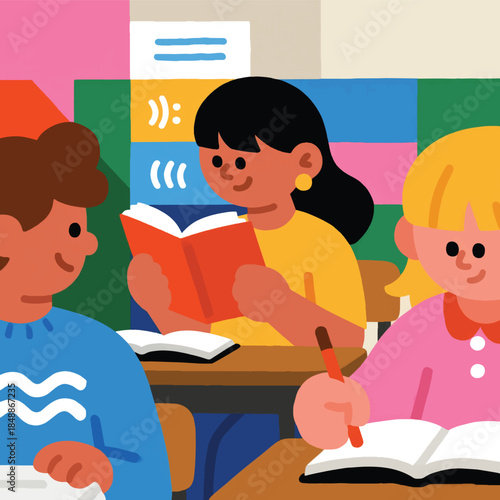 Illustration Of A Language Class With Students Reading Aloud Vector Design Template