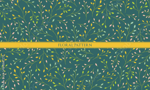 Fotografie Seamless Floral Pattern with Colorful Leaves and Branches on Dark Teal Backgroun