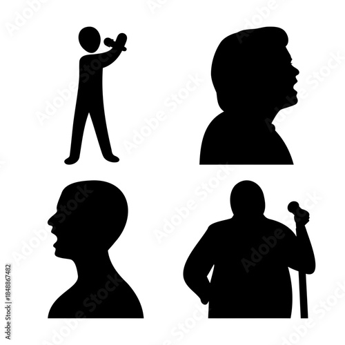 Silhouettes of people singing and speaking, vocal performance.