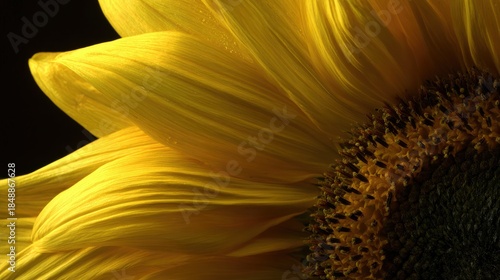 Extreme  photograph captures the bright yellow petals and dark center of a blossoming plant against a deep shadow background.