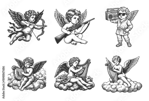 cherub angels with bows, rifles, harps, and even a boombox mixing classical charm with modern humor Set collection bundle sketch engraving generative ai vector illustration. Black and white image.