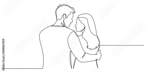 Minimalist line art illustration of a man and woman holding hands looking at each other..one line icon with out background