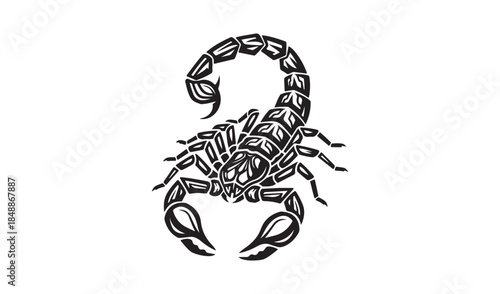 Scorpion silhouette with intricate tribal tattoo style details, symbolizing danger, strength, and the zodiac sign Scorpio.
