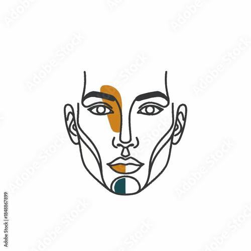 Minimalist Line Art Human Face with Abstract Color Zones.