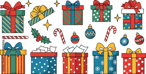 Collection of Christmas gift boxes ornaments and candy canes Keywords: christmas, gifts, presents, boxes, wrapping, ribbon, bow, candy cane, holly