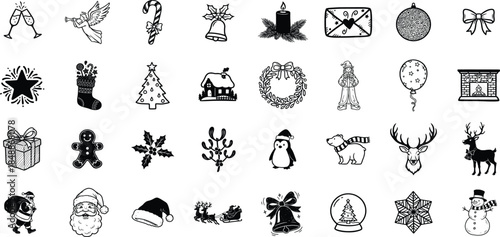 Christmas and New Year Icon Set in Flat Glyph Style