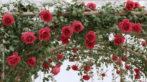 Abundant deep pink roses and green foliage drape over a curved garden structure