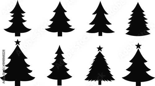 Christmas tree icon set, black silhouette evergreen collection, festive holiday symbols, minimal vector fir trees, winter design elements