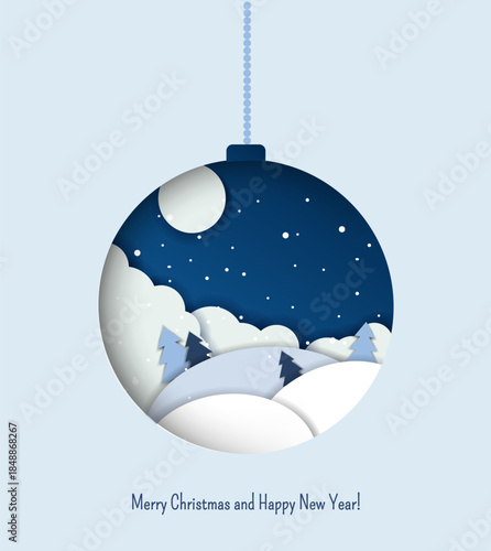 Vector Christmas illustration featuring a paper-cut style winter landscape inside a hanging Christmas ornament. Inscription : 