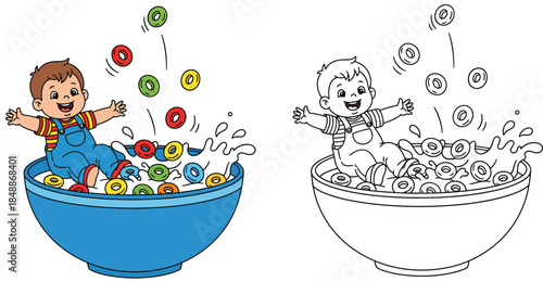 A joyful cartoon boy is having fun in a huge bowl of cereal with a splash of milk For a coloring book page, this vector illustration has a black and white outline