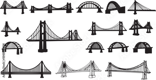 Collection of diverse bridge illustrations in black and white
