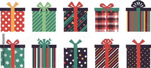 Collection of ten colorful Christmas gift boxes with various patterns and bows Keywords: gift box, present, christmas, holiday, celebration, gift