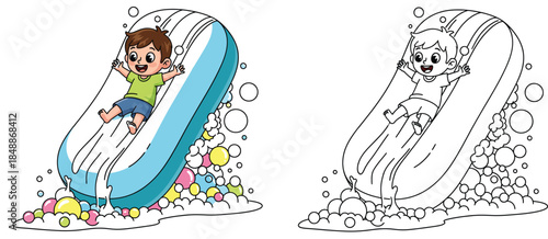 A joyful cartoon boy slides into foam bubbles on a huge soap bar For a coloring book page this vector illustration has a black and white outline