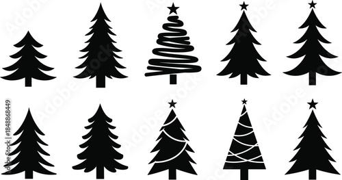 Christmas tree silhouette icon set with decorative star designs, minimalist evergreen pine shapes, winter holiday black vector illustration