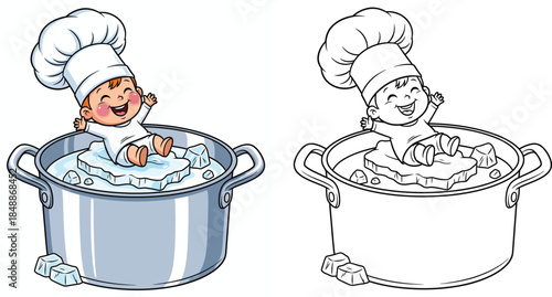 Sitting on an ice block inside a cooking pot is a happy cartoon baby chef For a coloring book page this vector illustration has a black and white outline