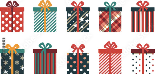 Collection of Ten Decorated Gift Boxes with Ribbons illustration vector