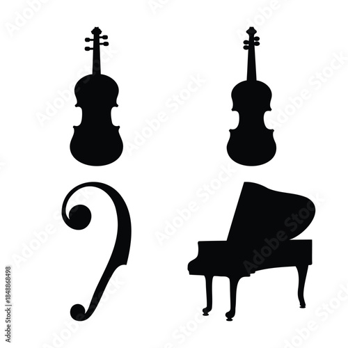 Violin, grand piano, and bass clef silhouettes music icons