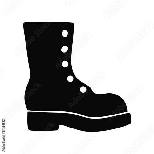 A black silhouette of a sturdy, lace-up combat boot with a thick sole and eyelets for laces, representing footwear