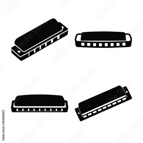 Harmonica musical instrument icons black silhouette collection.